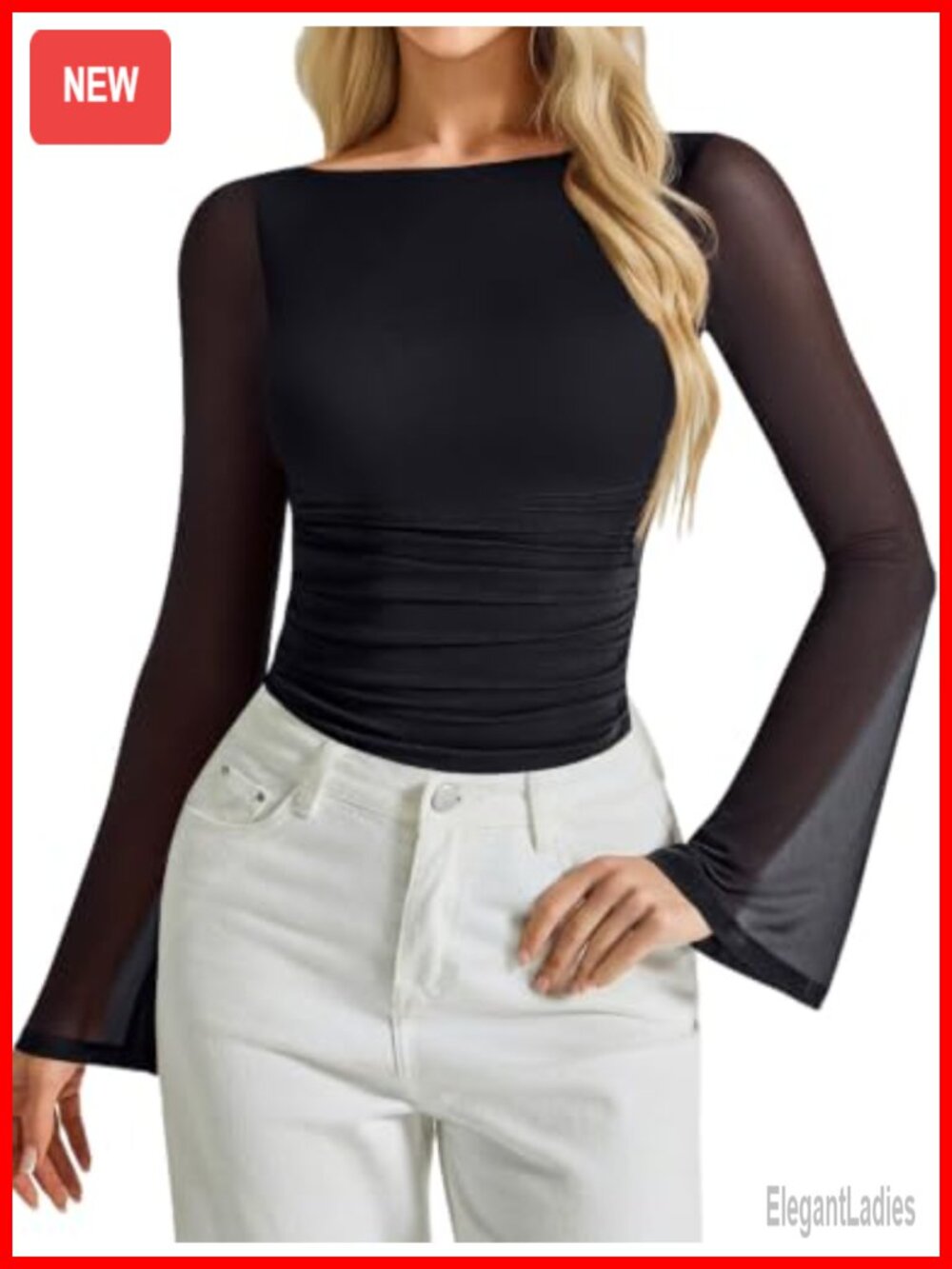 Womens Bodysuit Long Bell Sleeve Mesh Ruched Backless Boat Neck Top